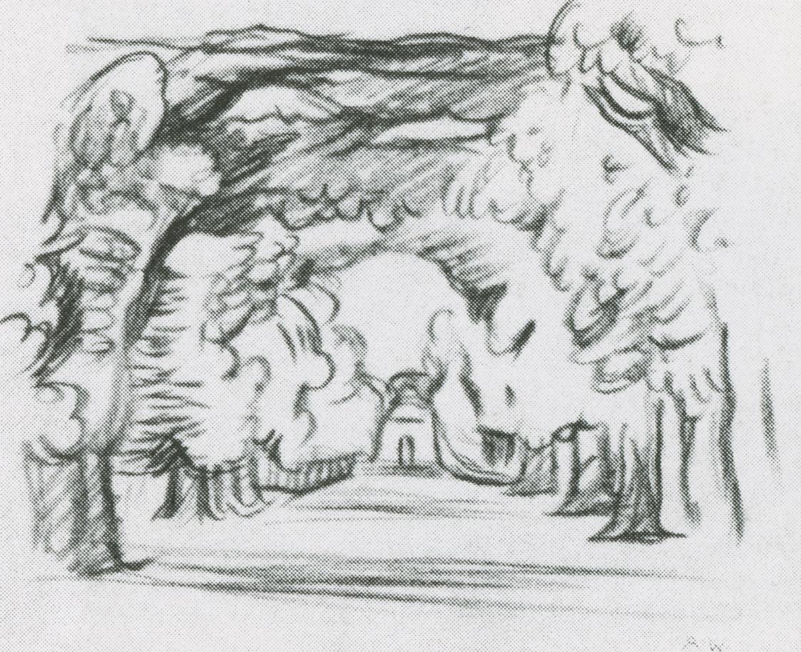 Alfred Wickenburg, Allee/Hohlweg, 1930/1935, Rötel auf Papier, 24 × 29,5 cm, Verbleib unbekannt