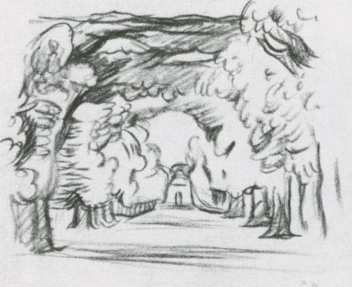 Alfred Wickenburg, Allee/Hohlweg, 1930/1935, Rötel auf Papier, 24 × 29,5 cm, Verbleib unbekannt