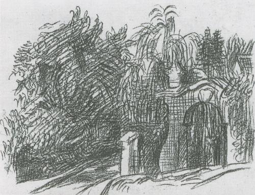 Alfred Wickenburg, Tor des Luschin-Schlössls am Rosenberg in Graz, um 1940, Kreide auf Papier,  ...