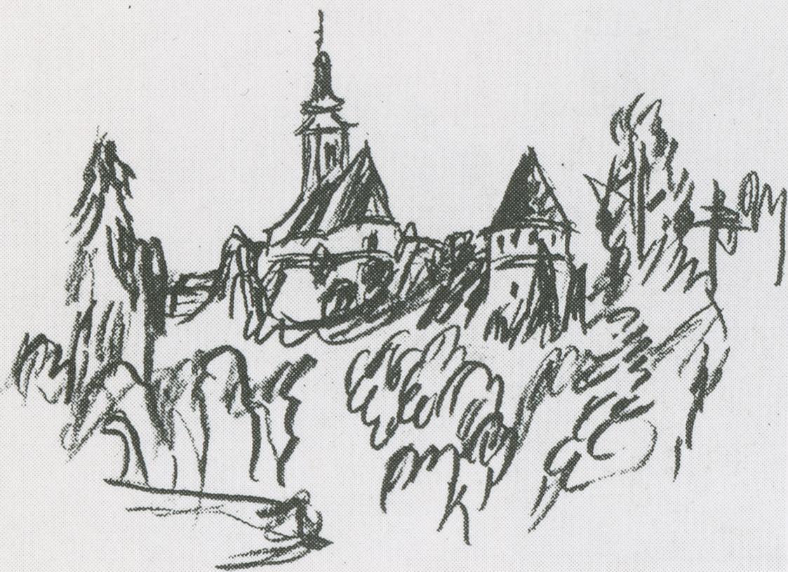 Alfred Wickenburg, Schloss Hollenegg in der Weststeiermark, um 1940, Rötel auf Papier, Verbleib ...