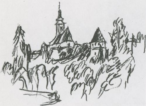 Alfred Wickenburg, Schloss Hollenegg in der Weststeiermark, um 1940, Rötel auf Papier, Verbleib ...