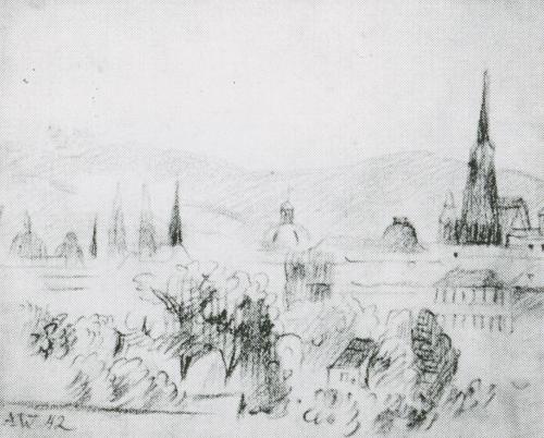 Alfred Wickenburg, Wiener Stadtansicht, 1942, Bleistift auf Papier, 11,5 × 13,5 cm, Verbleib un ...