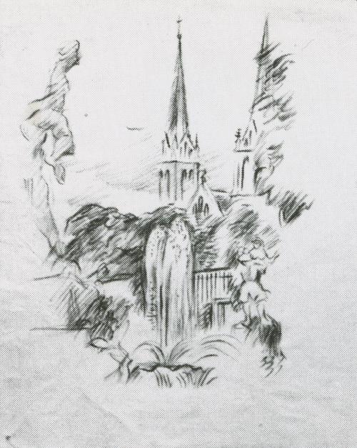 Alfred Wickenburg, Blick durch den Mirabellengarten auf einen Turm der Andräkirche, um 1942, Rö ...