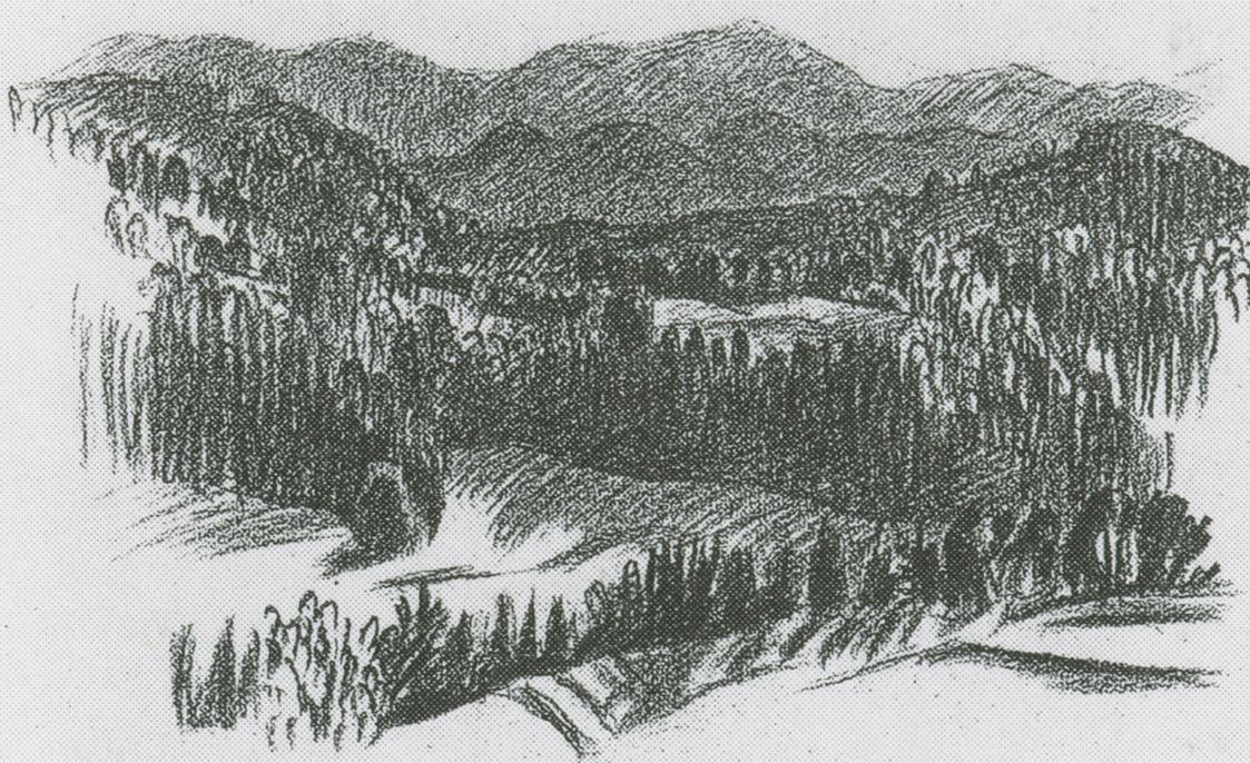 Alfred Wickenburg, Steirische Landschaft, 1943, Rötel auf Papier, Blattmaße: 190 × 285 cm, Priv ...