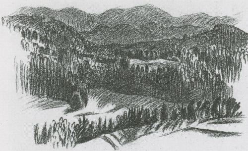 Alfred Wickenburg, Steirische Landschaft, 1943, Rötel auf Papier, Blattmaße: 190 × 285 cm, Priv ...