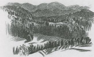 Alfred Wickenburg, Steirische Landschaft, 1943, Rötel auf Papier, Blattmaße: 190 × 285 cm, Priv ...