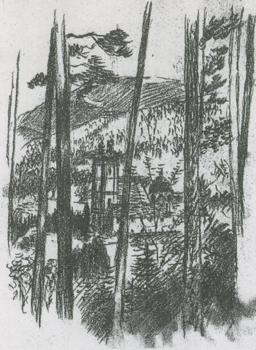 Alfred Wickenburg, Wallfahrtskirche in Maria Trost, 1943, Kreide auf Papier, Verbleib unbekannt