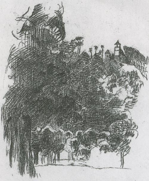 Alfred Wickenburg, Bergkapelle bei Stift Rein, 1943, Rötel auf Papier, Verbleib unbekannt