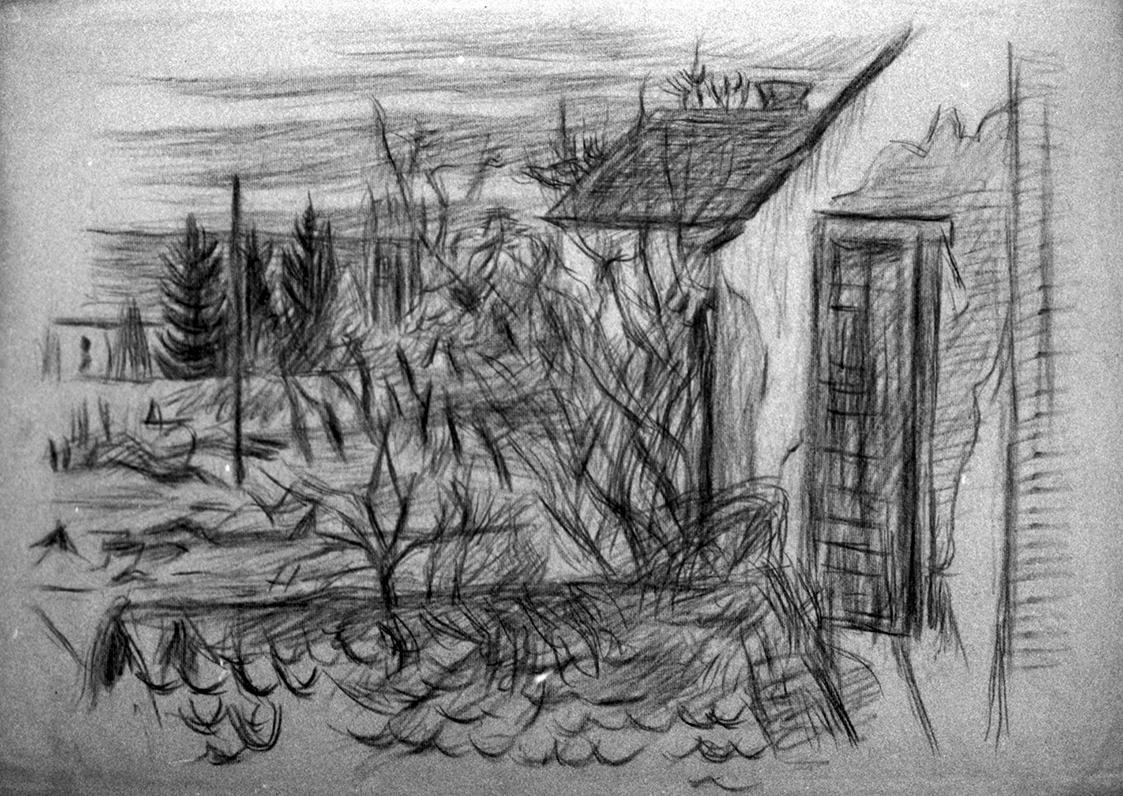 Alfred Wickenburg, Haus mit Garten, 1944, Rötel auf Papier, Blattmaße: 50,7 × 70 cm, Verbleib u ...