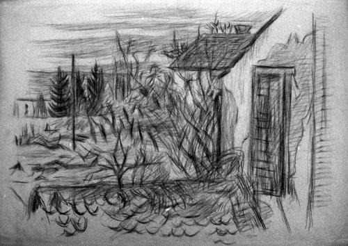 Alfred Wickenburg, Haus mit Garten, 1944, Rötel auf Papier, Blattmaße: 50,7 × 70 cm, Verbleib u ...