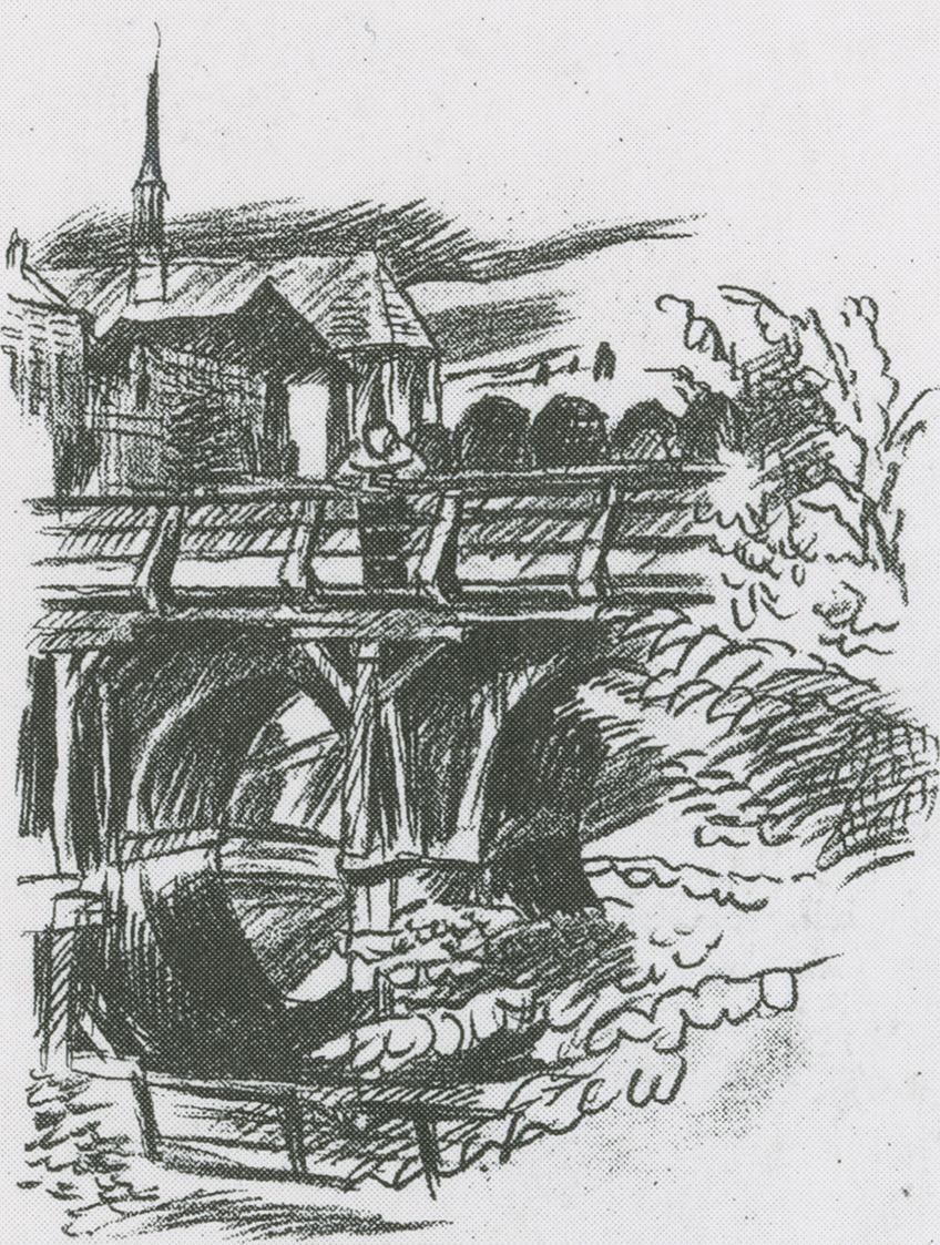 Alfred Wickenburg, Brücke, 1944, Kreide auf Papier, Verbleib unbekannt