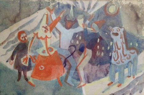 Alfred Wickenburg, Perchtenumzug, 1945/1950, Aquarell auf Papier, Privatbesitz