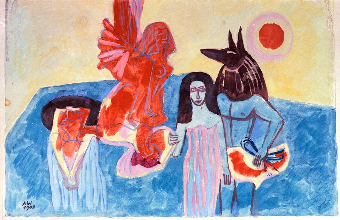 Alfred Wickenburg, Ägyptische Gottheiten, 1948, Aquarell über Bleistift auf Papier, Verbleib un ...