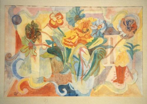 Alfred Wickenburg, Blumenstillleben vor einem gerahmten Bild, 1943/1948, Aquarell auf Papier, P ...