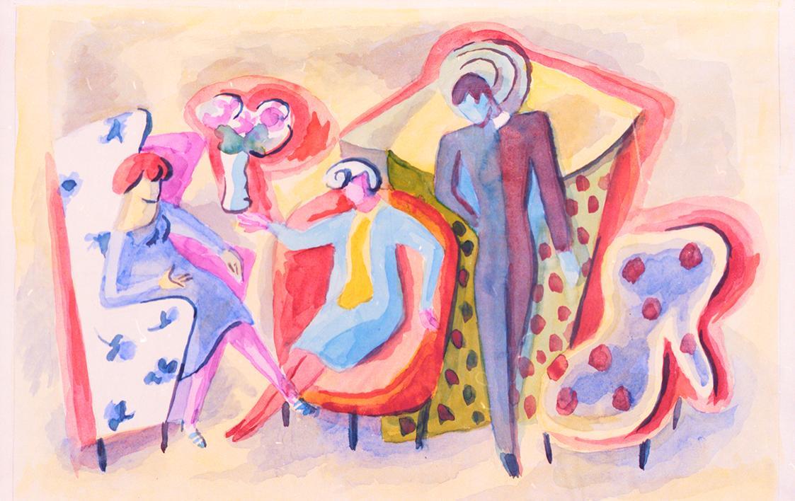 Alfred Wickenburg, Konversation im Salon, 1945/1950, Aquarell auf Papier, Verbleib unbekannt