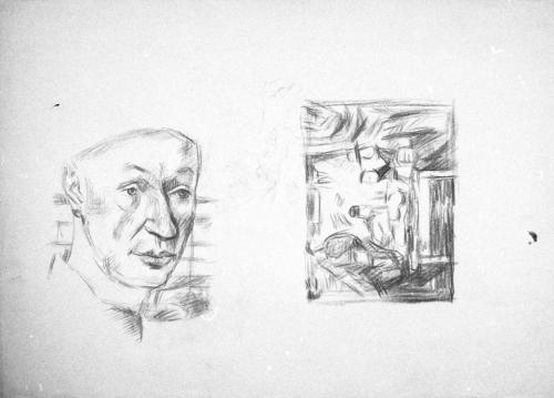 Alfred Wickenburg, Studie eines Männerkopfes und einer Tischgesellschaft, um 1950, Technik unbe ...