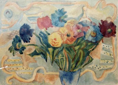 Alfred Wickenburg, Blumenstillleben vor einem gerahmten Bild, 1943/1948, Aquarell auf Papier, V ...