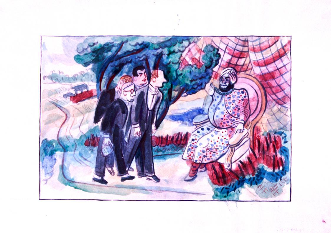 Alfred Wickenburg, Vier Herren vor einem Orientalen, 1946, Aquarell auf Papier, Verbleib unbeka ...