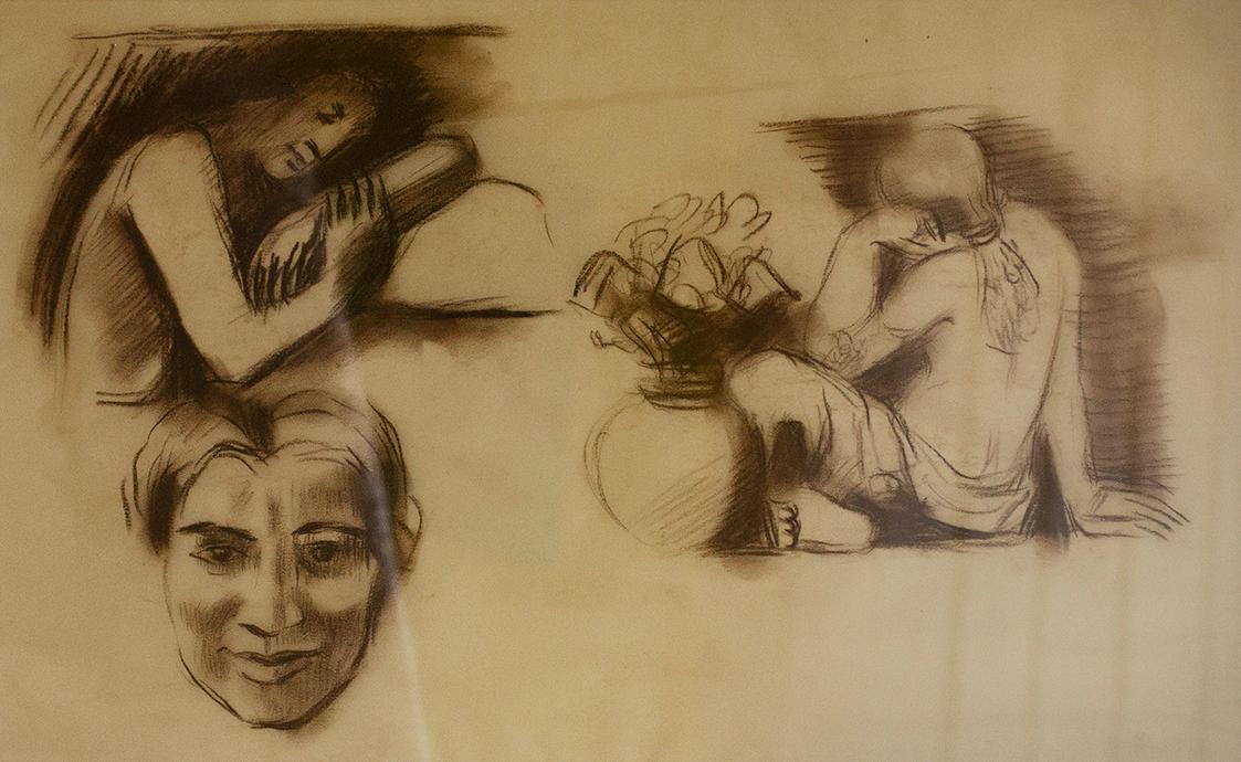 Alfred Wickenburg, Kopf- und Figurenstudie, 1936, Braune Kreide auf Transparentpapier, 40 × 60  ...