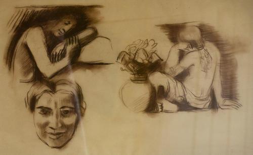 Alfred Wickenburg, Kopf- und Figurenstudie, 1936, Braune Kreide auf Transparentpapier, 40 × 60  ...