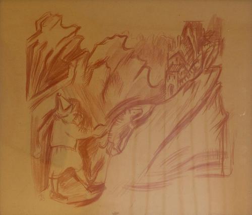 Alfred Wickenburg, Mann auf dem Weg zu einer Burg, 1943, Rötel auf Papier, Blattmaße: 39 × 49 c ...