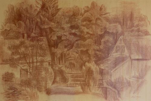 Alfred Wickenburg, Waldlandschaft mit Häusern, 1944, Rötel auf Papier, Blattmaße: 43 × 62,5 cm, ...