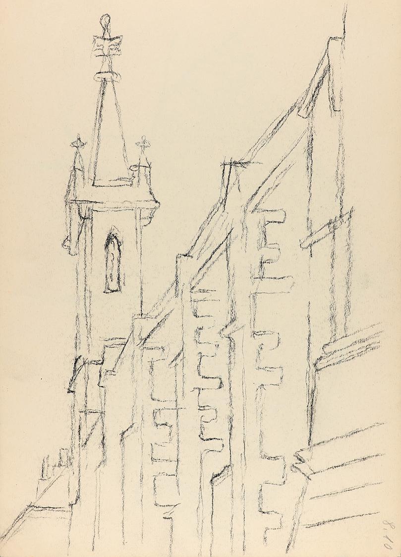 Alfred Wickenburg, Augustinerkircher, um 1955, Kohle auf Papier, Blattmaße: 29,5 × 21 cm, Priva ...