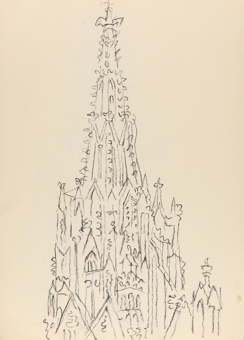 Alfred Wickenburg, Turmspitze des Stephansdoms in Wien, um 1955, Kohle auf Papier, Blattmaße: 2 ...