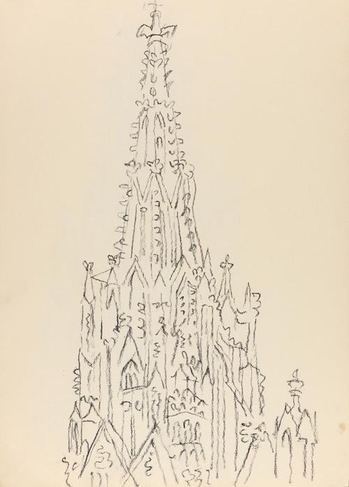 Alfred Wickenburg, Turmspitze des Stephansdoms in Wien, um 1955, Kohle auf Papier, Blattmaße: 2 ...