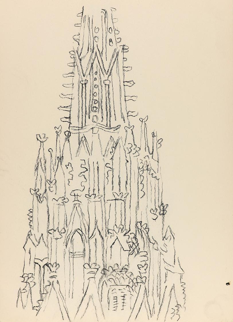 Alfred Wickenburg, Turmspitze des Stephansdoms in Wien, um 1955, Kohle auf Papier, Blattmaße: 2 ...