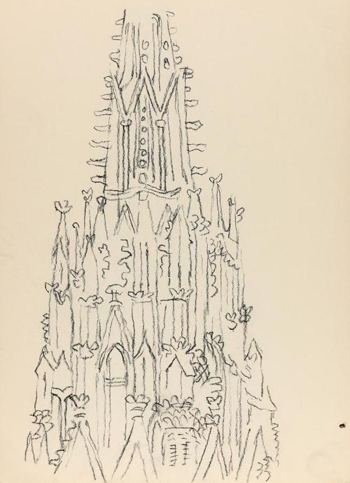 Alfred Wickenburg, Turmspitze des Stephansdoms in Wien, um 1955, Kohle auf Papier, Blattmaße: 2 ...