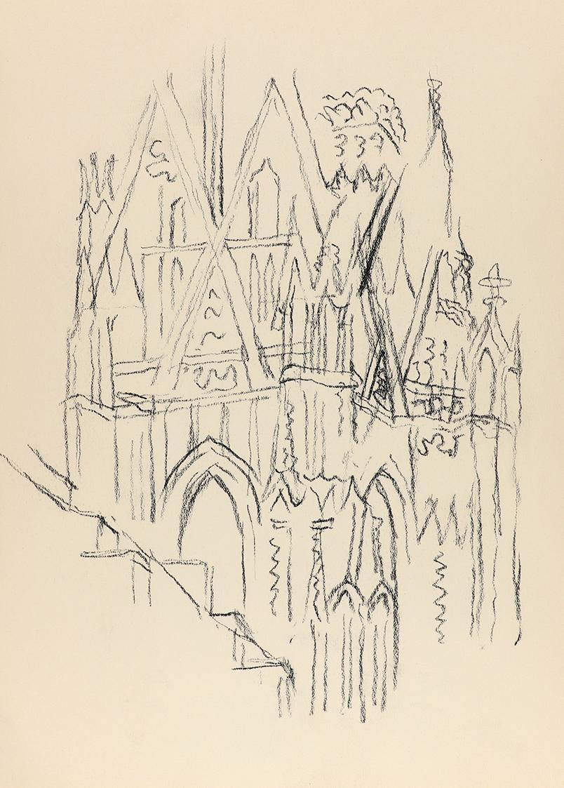 Alfred Wickenburg, Fassadendetail des Stephansdoms in Wien, um 1955, Kohle auf Papier, Blattmaß ...