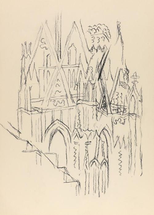 Alfred Wickenburg, Fassadendetail des Stephansdoms in Wien, um 1955, Kohle auf Papier, Blattmaß ...