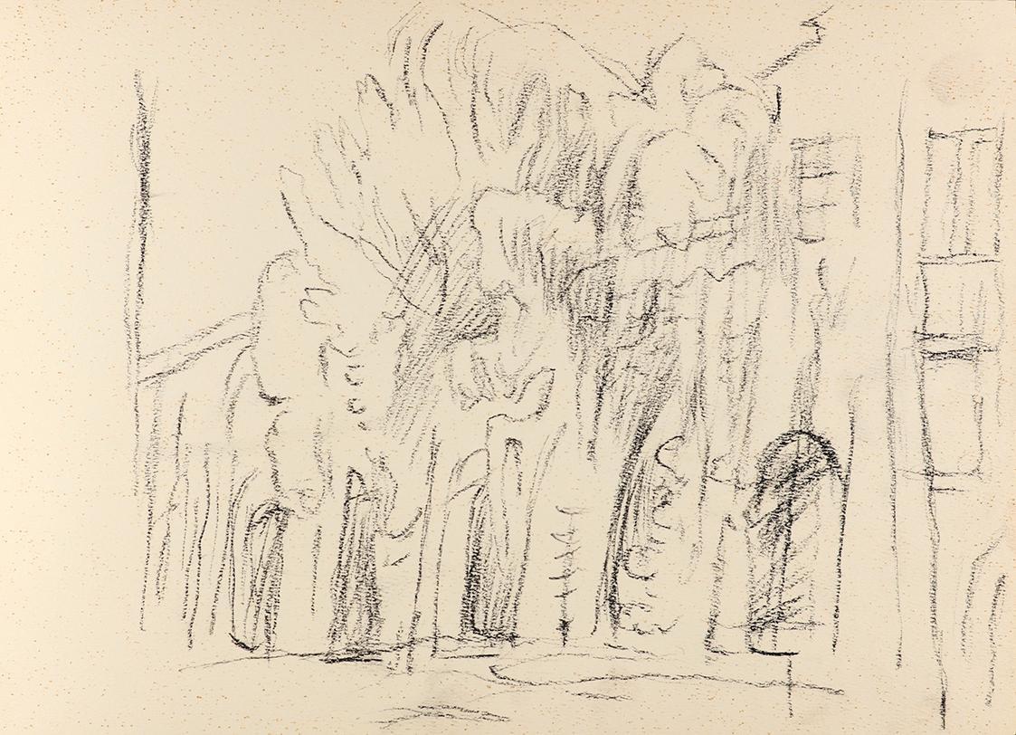 Alfred Wickenburg, Häuser und Pflanzen an einer Straße, um 1955, Kohle auf Papier, Blattmaße: 2 ...