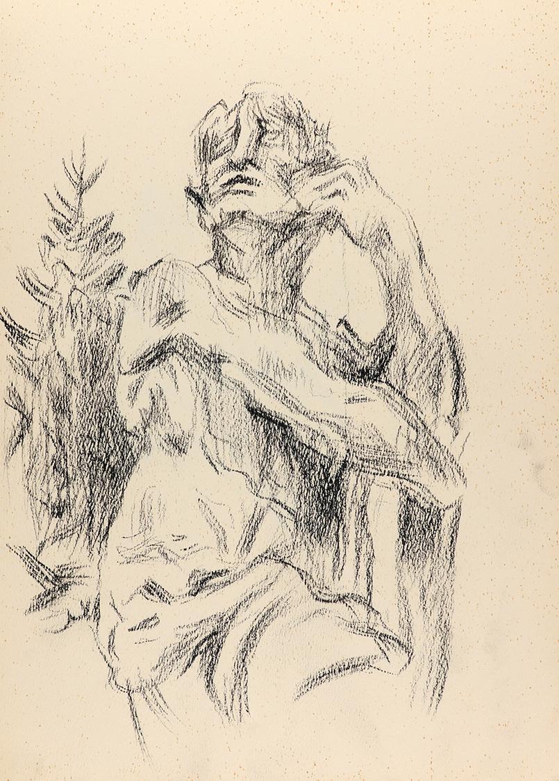 Alfred Wickenburg, Detail einer männlichen Gartenplastik, um 1955, Kohle auf Papier, Blattmaße: ...