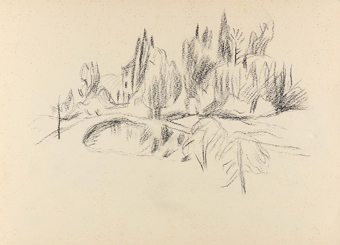 Alfred Wickenburg, Haus und Brücke in einer Baumlandschaft, um 1955, Kohle auf Papier, Blattmaß ...