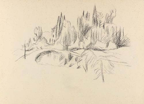 Alfred Wickenburg, Haus und Brücke in einer Baumlandschaft, um 1955, Kohle auf Papier, Blattmaß ...