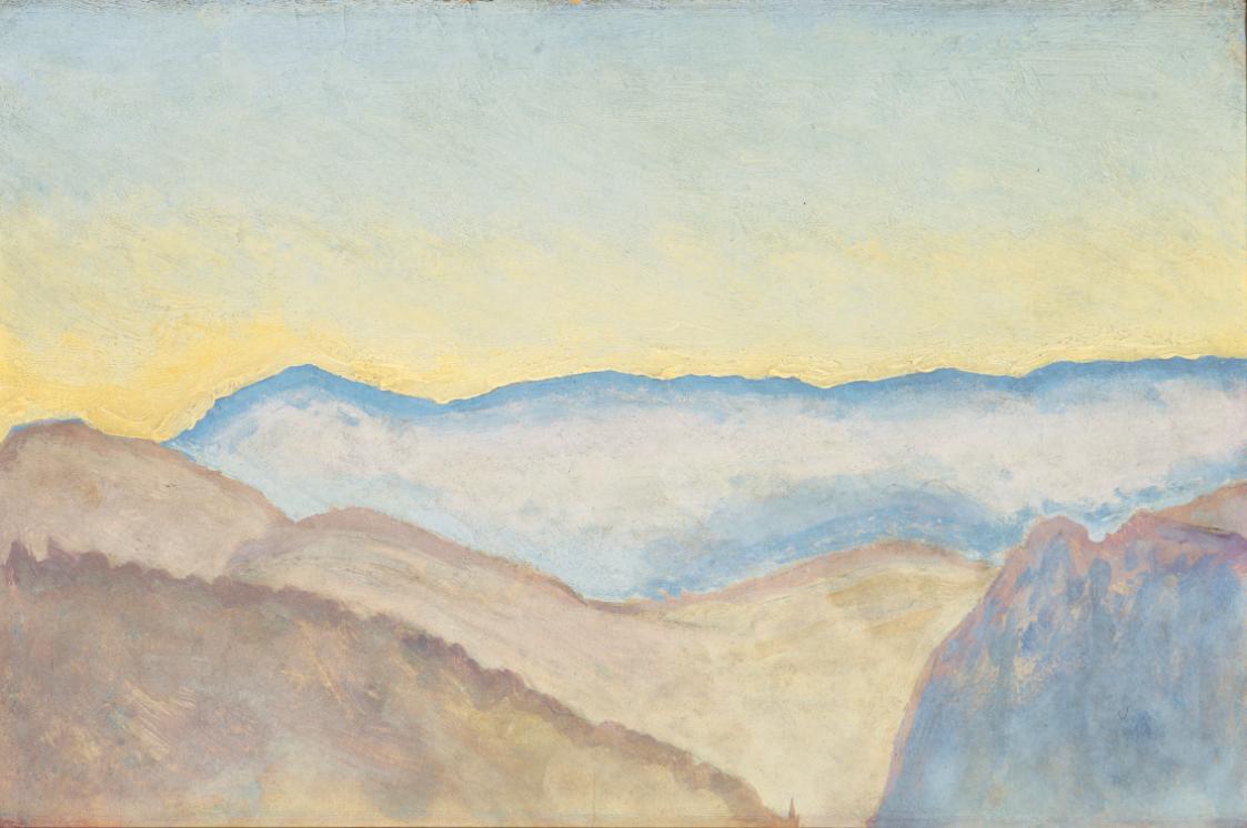 Koloman Moser, Blick zur Rax von der Villa Mautner v. Markhof im gelben Licht, um 1913, Öl auf  ...