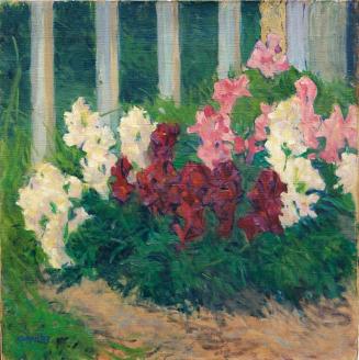 Koloman Moser, Blumen vor Gartenzaun, 1909, Öl auf Leinwand, 51 × 50 cm, Privatbesitz, Deutschl ...