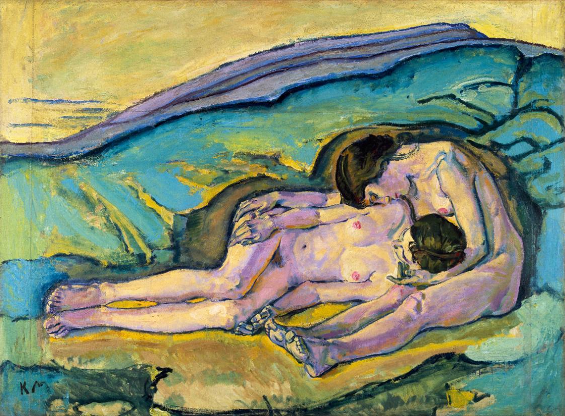 Koloman Moser, Zwei aneinander geschmiegte Frauenakte in Grotte, um 1913, Öl auf Leinwand; Lein ...