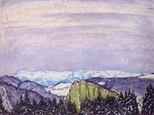 Koloman Moser, Blick auf die Rax von der Villa Mautner v. Markhof im Winter, um 1912, Öl auf Le ...