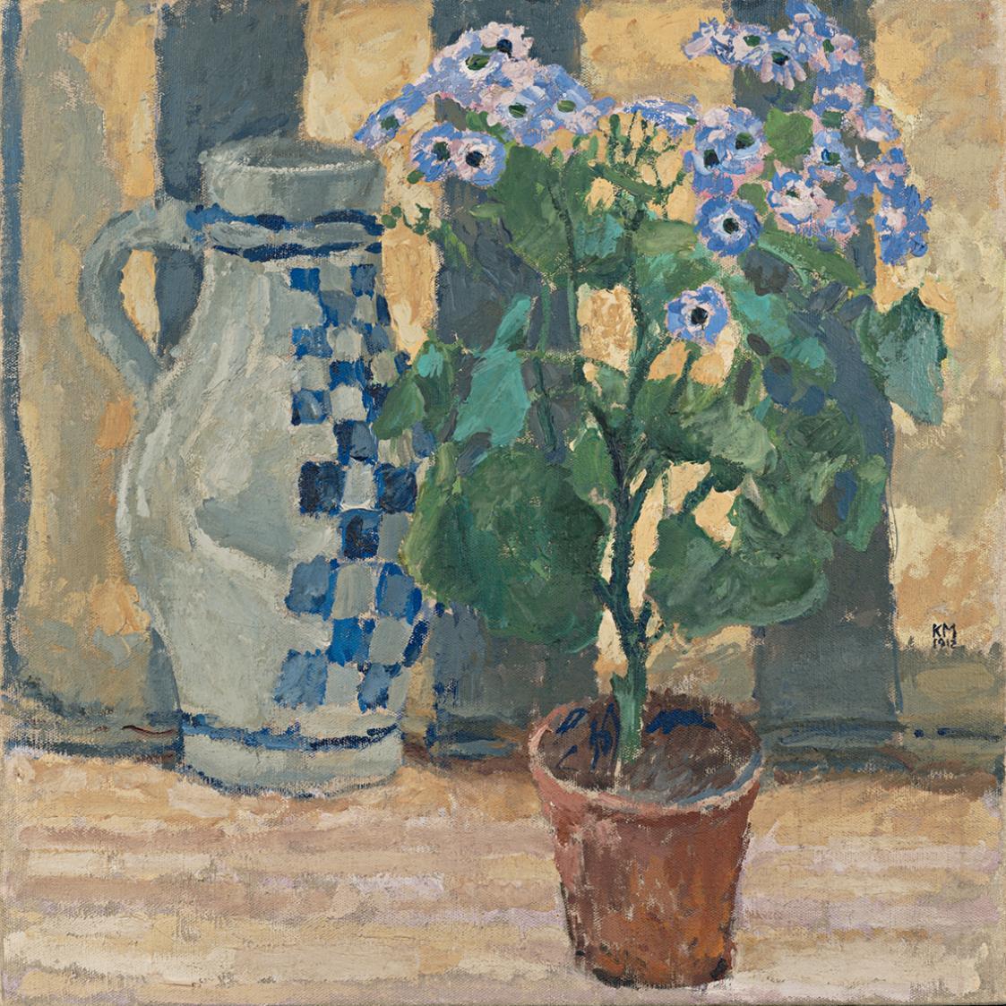 Koloman Moser, Stillleben mit Cynerarie und Steingutkrug, 1912, Öl auf Leinwand, 50,5 × 50,5 cm ...