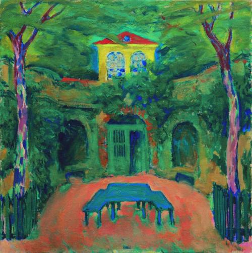 Koloman Moser, Grotte mit Gartenpavillon im Wiener Theresianum, 1911, Öl auf Leinwand, 75 × 75  ...