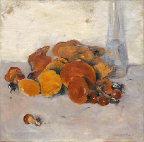 Koloman Moser, Stillleben mit Steinpilzen und Flasche, 1909, Öl auf Leinwand, 50 × 50 cm, Priva ...