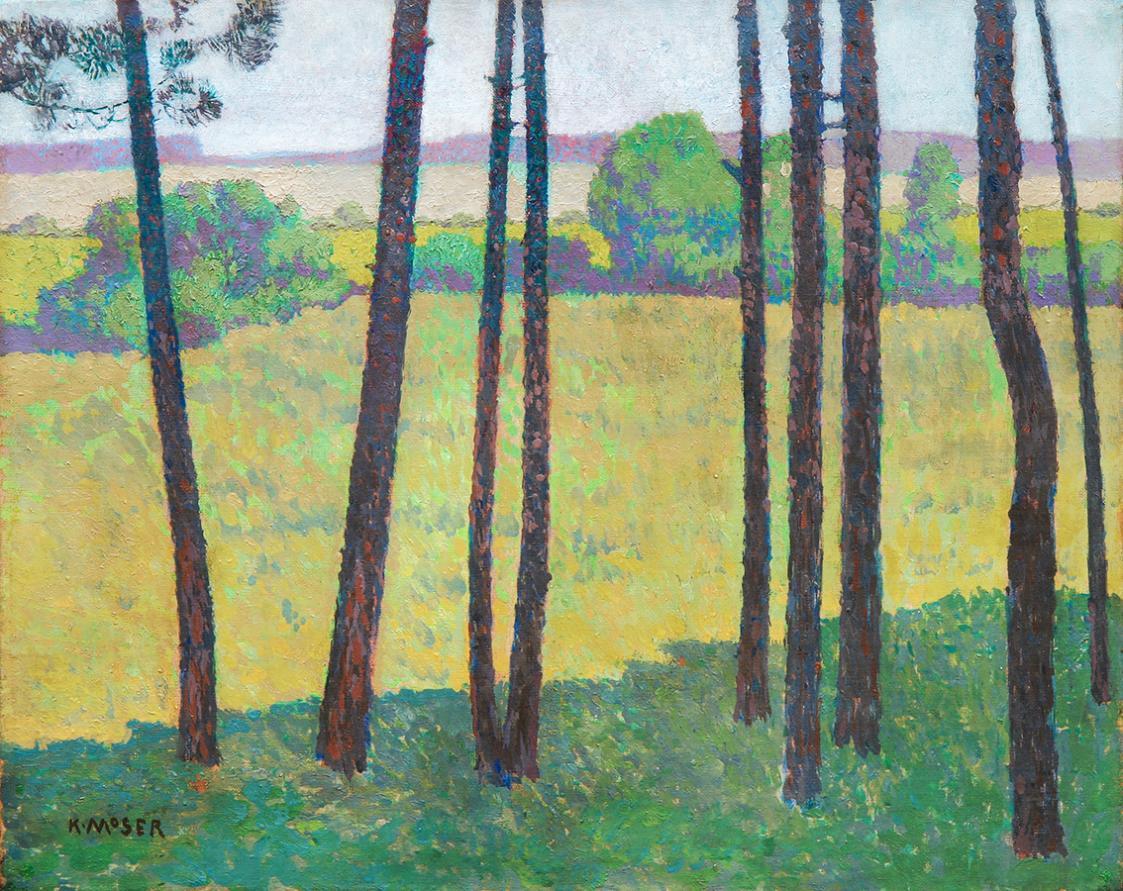 Koloman Moser, Ausblick durch Föhrenstämme, um 1912, Öl auf Leinwand, 46,5 × 58 cm, Privatbesit ...