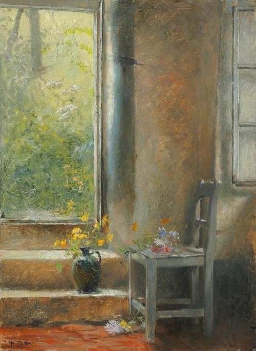 Koloman Moser, Interieur mit Blick in den Garten und Blumenstillleben, 1894, Öl auf Holz, 24 ×  ...