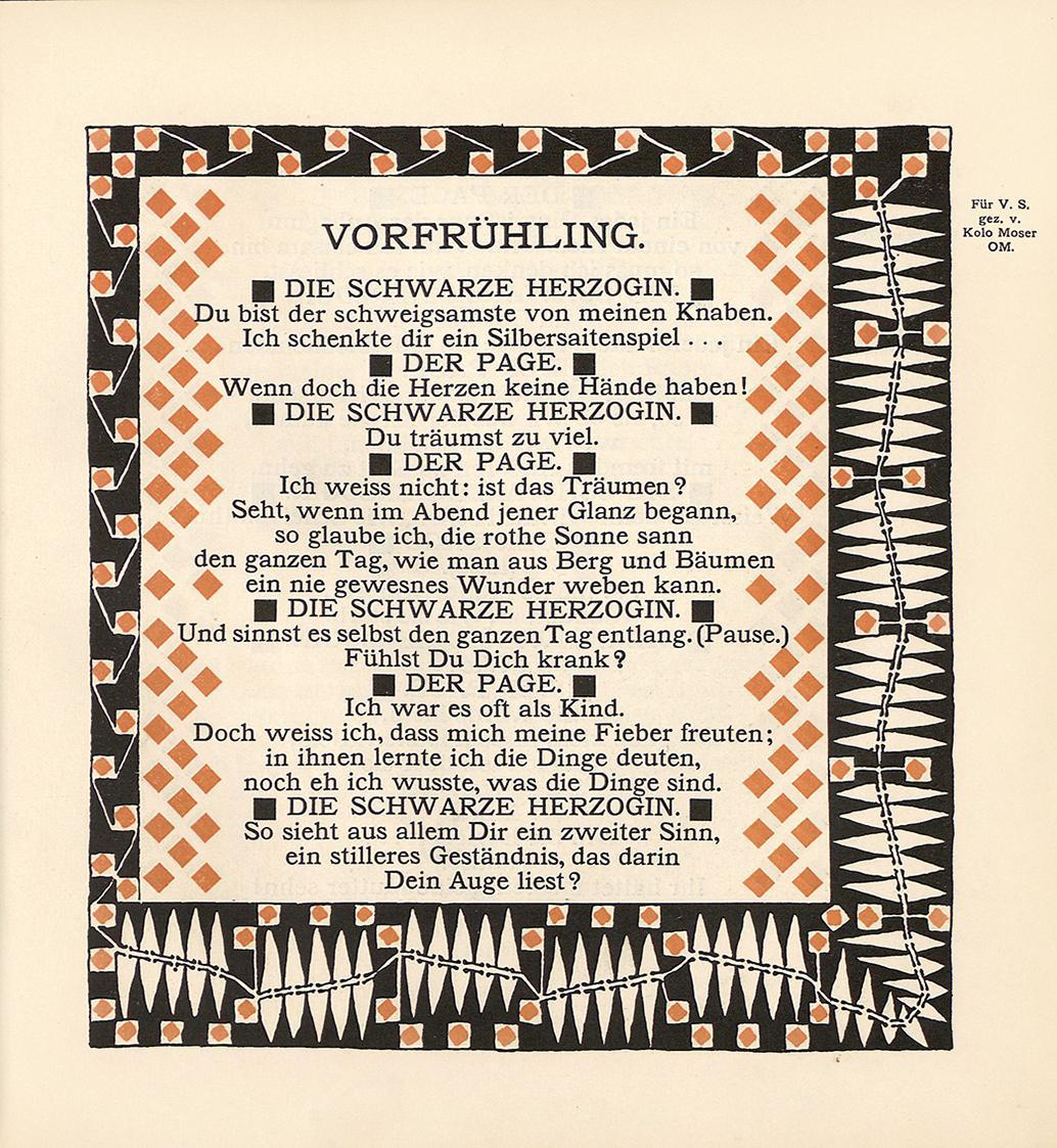 Koloman Moser, Illustration "Vorfrühling" von Rainer Maria Rilke, 1901, Buchdruck in Farbe, Bla ...