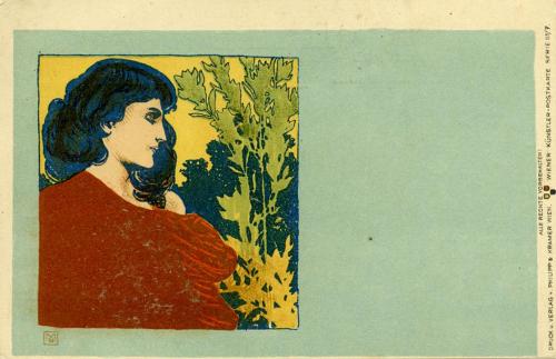 Koloman Moser, Wiener Künstler-Postkarte Serie III / 7, 1898, Farblithografie mit Goldfarbe, Bl ...