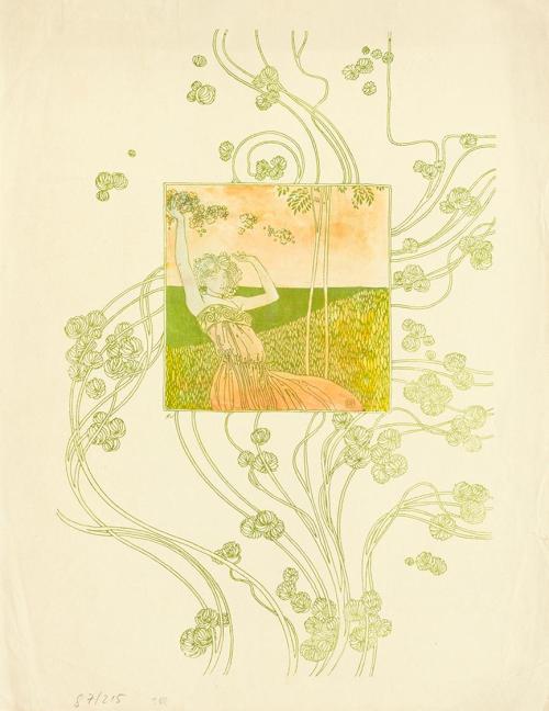 Koloman Moser, Weibliche Allegorie, um 1900, Farblithografie und Aquarell auf Papier, Blattmaße ...