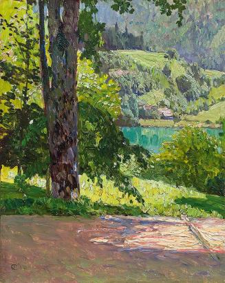 Carl Moll, Blick von der Villa Billroth auf den Wolfgangsee, 1901 um, Öl auf Holz, 26,5 × 21 cm ...